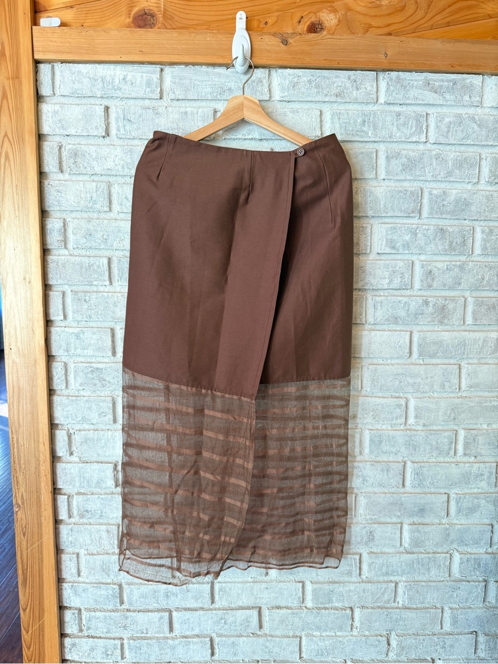 Vibtage Brown Midi Skirt with Sheer Striped Hem Made in France